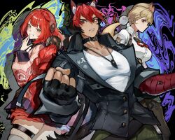 Rule 34 | 1boy, 2girls, absurdres, alice thymefield, animal ears, black choker, black hair, black jacket, blonde hair, breasts, buttons, cable, cardigan, cat boy, cat ears, character name, choker, clenched hand, clenched teeth, colorful background, commentary, fingerless gloves, gloves, green eyes, grin, hair ornament, highres, jacket, jewelry, komano manato, long hair, long sleeves, looking at viewer, multicolored hair, multiple girls, muscular, muscular male, necklace, pectorals, pink cardigan, rabbit ears, rabbit girl, red eyes, red hair, shiraki (y aira srk), shirt, simple background, smile, sphere hair ornament, symbol-only commentary, teeth, thigh strap, two-tone hair, ukinami yuzuha, white shirt, zenless zone zero