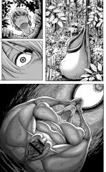 Rule 34 | 1boy, 1girl, bar censor, breasts, censored, comic, completely nude, day, double deck, feet together, highres, hood, hoodie, huge breasts, jungle, legs up, monochrome, monster girl, nature, nipples, nude, original, outdoors, pants, pitcher plant, plant, plump, pointless censoring, pussy, short hair, wet