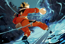 Rule 34 | 2boys, blonde hair, electricity, energy ball, fighting, male focus, multiple boys, naruto (series), night, orange pants, orange shirt, outdoors, pants, red eyes, running, shirt, spiked hair, uchiha sasuke, user tmsf7747, uzumaki naruto