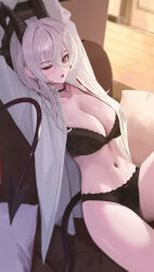 1girl absurdres arms_up black_bra black_choker black_horns black_panties black_tail blush bra breasts choker cleavage collarbone collared_shirt commentary couch curled_horns demon_tail earrings fieryonion grey_hair highres horns indoors jewelry key_earrings large_breasts long_hair looking_at_viewer mole mole_under_eye multicolored_hair navel on_couch one_eye_closed open_clothes open_mouth open_shirt panties red_eyes revision shirt sitting solo stomach streaked_hair stretching tail underwear white_shirt wuthering_waves zani_(wuthering_waves)