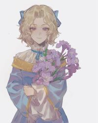 1boy aged_down androgynous axis_powers_hetalia blonde_hair blue_tunic bouquet busigui406 child flower france_(hetalia) hair_ribbon highres holding holding_bouquet long_sleeves looking_at_viewer male_focus medium_hair purple_eyes ribbon simple_background smile solo trap tunic upper_body wavy_hair white_background