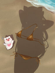 1girl =_= ^^^ animal_ears arm_up arms_up beach bikini blush breasts cat_ears cat_girl commentary day ghost hashtag-only_commentary highres implied_nudity indie_virtual_youtuber long_hair nikoo ocean open_mouth outdoors sand side-tie_bikini_bottom silhouette swimsuit thighs unworn_bikini unworn_bikini_bottom unworn_bikini_top virtual_youtuber yellow_bikini yuuki_sakuna