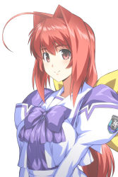 1girl ahoge bow bowtie closed_mouth commentary_request hair_bow hair_intakes juliet_sleeves kagami_sumika long_hair long_sleeves looking_at_viewer low_ponytail muv-luv otoo_(izanagi) ponytail puffy_sleeves purple_bow purple_bowtie red_eyes red_hair revision school_uniform serafuku shiny_clothes sidelocks sideways_glance simple_background smile solo to-gnaniwa upper_body white_background yellow_bow