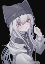 1girl absurdres animal_hat black_background black_hat blush commentary double-parted_bangs english_commentary grey_hoodie hair_between_eyes hand_up hat highres hood hood_down hoodie long_hair looking_at_viewer off_shoulder open_mouth original red_eyes solo su_ha_ya white_hair zipper