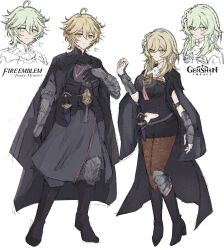 1boy 1girl aether_(genshin_impact) ahoge black_boots black_cape black_gloves blonde_hair boots breasts brother_and_sister brown_pantyhose cape clothing_cutout commentary copyright_logo copyright_name cosplay english_commentary female_byleth_(enlightened)_(fire_emblem) female_byleth_(fire_emblem) female_byleth_(fire_emblem)_(cosplay) fire_emblem fire_emblem:_three_houses full_body genshin_impact gloves green_eyes green_hair hair_between_eyes highres knee_boots lorinovashley lumine_(genshin_impact) male_byleth_(enlightened)_(fire_emblem) male_byleth_(fire_emblem) male_byleth_(fire_emblem)_(cosplay) medium_breasts medium_hair navel navel_cutout nintendo pantyhose pantyhose_under_shorts short_hair shorts siblings simple_background sketch standing voice_actor_connection white_background yellow_eyes zach_aguilar