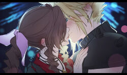 1boy 1girl aerith_gainsborough aqua_eyes armor artist_name black_gloves black_shirt blonde_hair blurry blurry_background blush braid braided_ponytail brown_hair cat_princess choker closed_mouth cloud_strife couple earrings final_fantasy final_fantasy_vii final_fantasy_vii_remake fireworks flower_choker gloves gold_saucer hair_over_eyes hair_ribbon hand_on_another&#039;s_shoulder hetero imminent_kiss jacket jewelry kiss letterboxed long_hair looking_at_another parted_bangs pink_ribbon red_jacket ribbon shirt short_hair shoulder_armor sidelocks single_bare_shoulder single_braid single_earring sleeveless sleeveless_turtleneck smile spiked_hair square_enix turtleneck upper_body wavy_hair