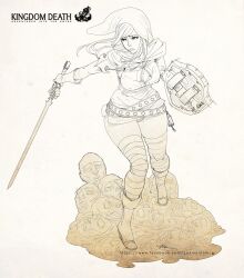 Rule 34 | 1girl, bandaged leg, bandages, belt, boots, breasts, cleavage, cleavage cutout, closed mouth, clothing cutout, commentary, copyright name, dress, english commentary, full body, gloves, greyscale, holding, holding shield, holding sword, holding weapon, hood, kingdom death, lokman lam, long hair, medium breasts, microdress, monochrome, panties, shield, simple background, solo, standing, sword, underwear, watermark, weapon, web address, white background