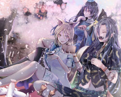 3girls :d animal_ears bird_wings black_hair black_shirt black_wings blonde_hair blue_hat cherry_blossoms closed_eyes cup fox_ears fox_girl grey_hair hat himemushi_momoyo holding holding_cup iizunamaru_megumu kudamaki_tsukasa long_hair looking_at_another multiple_girls niradama_(nira2ratama) open_mouth outdoors red_eyes revision romper sakazuki shirt short_hair shovel shrine sitting smile tail tokin_hat tokkuri touhou tree white_romper wings yellow_eyes
