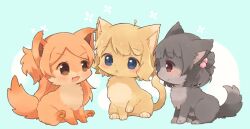 animal animal_focus animalization black_fur black_hair blue_eyes blush brown_eyes brown_fur brown_hair cat closed_mouth eye_contact fang hair_bobbles hair_ornament idolmaster idolmaster_million_live! long_hair looking_at_another nakatani_iku nako_(user_wnnm5534) no_humans ogami_tamaki one_side_up open_mouth short_hair sitting suou_momoko