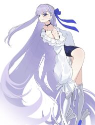 1girl bare_shoulders blue_eyes blue_ribbon blush breasts choker collarbone fate/grand_order fate_(series) frills hair_ribbon highleg highleg_one-piece_swimsuit highres long_hair long_sleeves looking_at_viewer meltryllis meltryllis_(fate) meltryllis_(swimsuit_lancer)_(fate) meltryllis_(swimsuit_lancer)_(second_ascension)_(fate) off-shoulder_one-piece_swimsuit off_shoulder one-piece_swimsuit prosthesis prosthetic_leg puffy_sleeves purple_hair ribbon sleeves_past_fingers sleeves_past_wrists small_breasts smile solo swimsuit takustorage very_long_hair white_ribbon
