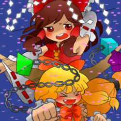 &gt;_&lt; 2girls ascot bad_tag blue_background bow brown_horns chain cube detached_sleeves frilled_bow frills gohei hair_bow hair_tubes hakurei_reimu horn_bow horn_ornament horn_ribbon horns ibuki_suika lowres mo-musu multiple_girls oni orange_hair punching pyramid_(geometry) red_bow red_eyes ribbon ribbon-trimmed_sleeves ribbon_trim touhou yellow_ascot