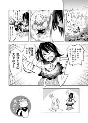 1girl :d black_hair closed_eyes comic commentary_request cone_horns crying digging dress grave greyscale holding holding_shovel horns jizou kijin_seija leaf leaf_on_head makuwauri monochrome open_mouth outdoors short_hair shovel smile solo statue tears touhou translation_request tree
