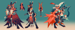 3others absurdres ambiguous_gender animal_ears animal_nose b.i.a black_fur black_mask body_markings bow_(weapon) cloak concept_art covered_face digitigrade fluffy full_body furry gradient_background highres mask multicolored_fur multiple_others multiple_views orange_fur original pointy_ears rabbit_ears rabbit_paws rabbit_tail reference_sheet shield shield_on_back simple_background tail weapon yellow_eyes