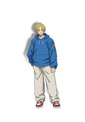 Rule 34 | 1boy, ahoge, anime coloring, asakura shin, black eyes, blonde hair, closed mouth, full body, grey pants, hand in pocket, highres, hood, hood down, hooded jacket, hoodie, jacket, long sleeves, looking at viewer, male focus, moriyama you, official art, pants, parted bangs, red shoes, sakamoto days, shoes, short hair, simple background, smile, solo, standing, transparent background, tsurime