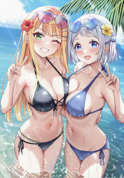 Rule 34 | 2girls, ;d, arm around waist, bikini, black bikini, blonde hair, blue bikini, blue eyes, blue trim, blush, breasts, cleavage, collarbone, cowboy shot, eyewear on head, flower, front-tie bikini top, front-tie top, gakuen idolmaster, green eyes, green trim, grin, hair flower, hair ornament, halterneck, heart, heart-shaped eyewear, hibiscus, highres, idolmaster, katsuragi lilja, large breasts, long hair, looking at viewer, multi-strapped bikini bottom, multiple girls, ocean, one eye closed, open mouth, red flower, red trim, shiun sumika, short hair, side-tie bikini bottom, sideboob, smile, standing, straight hair, strap gap, summer, sunlight, swimsuit, wading, wds666, white-framed eyewear, yellow flower