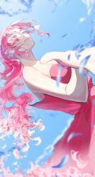 1girl bare_shoulders blue_flower blue_pupils day dowon dress esu_kota eyelashes floating floating_hair flower highres lips long_hair looking_at_another multicolored_hair original parted_lips petals pink_dress pink_eyes pink_hair pink_petals pointy_ears ponytail shadow sky sleeveless solo sunlight teeth tower_of_god