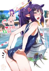 1girl adjusting_clothes adjusting_swimsuit anger_vein arrow_(symbol) ass bag bare_arms bare_shoulders blue_one-piece_swimsuit blurry blurry_foreground blush breasts character_hair_ornament commentary_request competition_swimsuit cowboy_shot duffel_bag eyepatch fang from_side gradient_hair hair_ornament halo highres hololive hololive_english leaning_forward like_and_retweet long_hair looking_at_viewer medical_eyepatch multicolored_hair ninomae_ina&#039;nis notice_lines one-piece_swimsuit open_mouth orange_hair pointy_ears ponytail pool purple_eyes purple_hair short_eyebrows sidelocks small_breasts standing swimsuit takodachi_(ninomae_ina&#039;nis) tenchi_mayo tentacle_hair thick_eyebrows traditional_halo v-shaped_eyebrows very_long_hair virtual_youtuber water_drop wet whistle whistle_around_neck yellow_halo