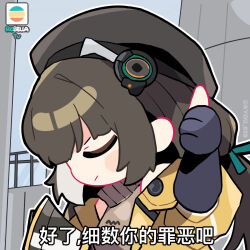 Rule 34 | 1girl, beret, black gloves, black hair, black hat, chibi, chibi only, chinese text, closed eyes, girls&#039; frontline, girls&#039; frontline 2: exilium, gloves, hat, highres, jacket, kamen rider, kamen rider w, kyou 039, megaphone, profile, ro635 (girls&#039; frontline), robella (girls&#039; frontline 2), solo, thumbs up, twitter username, yellow jacket