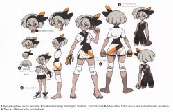 1girl absurdres alternate_language artbook bag barefoot bea_(pokemon) black_bodysuit black_hairband bodysuit bodysuit_under_clothes clenched_hands closed_mouth collared_shirt concept_art dark-skinned_female dark_skin eyelashes gloves grey_eyes grey_hair hair_between_eyes hairband highres knee_pads looking_at_viewer mixed-language_text mouth_hold multiple_views nintendo official_art paper_bag pokemon pokemon_swsh print_shorts scan school_uniform shirt short_hair short_sleeves shorts single_glove take_(takegarou) third-party_source tied_shirt toes