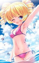 amamiya_marron bemani bikini blonde_hair blue_eyes blue_sky breasts cloud commentary_request dance_dance_revolution day drill_hair highres long_hair outdoors pink_bike_shorts side-tie_bikini_bottom sky small_breasts smile swimsuit twin_drills twintails wading water waving yuni_(dance_dance_revolution)