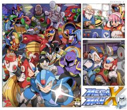 Rule 34 | 1girl, 6+boys, android, arm cannon, armored armadillo (mega man), bald, bendedede, blonde hair, boomer kuwanger (mega man), chill penguin (mega man), clenched teeth, commentary, dr. cain (mega man), dr. light (mega man), english commentary, english text, evil smile, flame mammoth (mega man), green biker dude (mega man), grey hair, helmet, highres, launch octopus (mega man), mega man (series), mega man x1, mega man x: command mission, mega man x (series), met (mega man), multiple boys, nana (mega man x: command mission), non-humanoid robot, old, old man, robot, robot animal, sigma (mega man), smile, spark mandrill (mega man), sting chameleon (mega man), storm eagle (mega man), teeth, vile (mega man), weapon, x (mega man), zero (mega man)