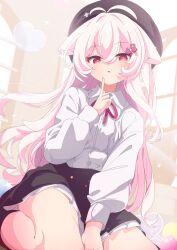 1girl :o absurdres animal_ears between_legs black_skirt blush bow bowtie breasts hand_between_legs highres indoors long_sleeves looking_at_viewer open_mouth original oversized_clothes pink_hair red_bow red_bowtie red_eyes shiro9jira shirt sitting skirt small_breasts smile solo wariza white_shirt