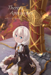 1girl 2017 absurdres artist_name black_dress blue_eyes character_name closed_mouth dress highres honkai_(series) honkai_impact_3rd kneeling long_hair long_sleeves looking_at_viewer nun qing_yang side_ponytail smile solo theresa_apocalypse theresa_apocalypse_(valkyrie_pledge) white_hair