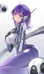 1girl between_legs blue_hair blush bodysuit breasts gloves hand_between_legs headset heeri highres iva_(starward) large_breasts looking_at_viewer multicolored_hair pink_eyes purple_bodysuit purple_hair simple_background solo starward streaked_hair two-tone_bodysuit white_background