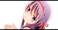 Rule 34 | 050411285aura, 10s, 1girl, akemi homura, bad id, bad pixiv id, black hair, female focus, hair ribbon, head tilt, heart, heart-shaped pupils, highres, letterboxed, long hair, looking at viewer, mahou shoujo madoka magica, mahou shoujo madoka magica (anime), own hands together, portrait, purple eyes, ribbon, simple background, smile, solo, symbol-shaped pupils, white background