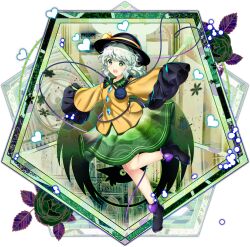 1girl black_boots black_hat boots buttons collared_shirt diamond_button eyeball floral_print frilled_shirt_collar frilled_sleeves frills full_body game_cg green_eyes green_hair green_skirt hat hat_ribbon heart heart-shaped_pupils heart_of_string highres komeiji_koishi komeiji_koishi_(subterranean) leg_up long_hair long_sleeves looking_at_viewer negative official_art open_mouth pentagon_(shape) print_skirt ribbon rose_print rotte_(1109) shirt skirt sleeves_past_fingers sleeves_past_wrists smile solo subterranean_animism symbol-shaped_pupils teeth third-party_source third_eye touhou touhou_lostword transparent_background upper_teeth_only wide_sleeves yellow_ribbon yellow_shirt