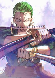 Rule 34 | 1boy, absurdres, earrings, fighting stance, green hair, green kimono, highres, holding, holding sword, holding weapon, japanese clothes, jewelry, katana, kimono, looking at viewer, male focus, mouth hold, multiple swords, one eye closed, one piece, roronoa zoro, sash, sc scandium, scar, scar across eye, scar on face, serious, short hair, solo, straight-on, sword, teeth hold, upper body, weapon