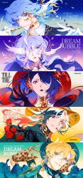 Rule 34 | 2girls, 3boys, absurdres, acheron (honkai: star rail), aqua background, aventurine (honkai: star rail), beak, bird, birdcage, black choker, black gloves, black hair, black hat, black jacket, black lips, blonde hair, blue background, blue eyes, blue gemstone, blue hair, blue shirt, boothill (honkai: star rail), bracelet, braid, brother and sister, brown gloves, bullet, bullet in mouth, cage, card, choker, collared shirt, commentary, covering own mouth, cowboy hat, dove, earclip, earrings, english commentary, english text, feathered wings, floating hair, flower, gem, gloves, gold bracelet, gold choker, gold earrings, gold trim, gradient background, hair between eyes, hair bun, hair flower, hair ornament, hair over one eye, hand on own face, hands up, hat, head wings, highres, holding, holding card, holding stick, honkai: star rail, honkai (series), jacket, jewel under eye, jewelry, long hair, long sleeves, looking at viewer, looking to the side, moon phases, multicolored eyes, multicolored hair, multiple boys, multiple girls, orange background, petals, piercing, pink background, pink hair, playing card, puffy long sleeves, puffy sleeves, purple background, purple eyes, purple hair, red background, red eyes, red flower, red hair, red lips, red rose, robin (honkai: star rail), rose, saskeboom, sharp teeth, shirt, short hair, siblings, smile, sparkle, stick, sun ornament, sunday (honkai: star rail), teeth, two-tone background, upper body, white background, white gloves, white hair, white shirt, wing piercing, wings, yellow background, yellow eyes