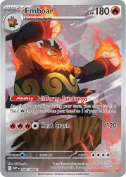 Rule 34 | artist name, card (medium), character name, closed mouth, company name, copyright name, copyright notice, embers, emboar, english text, fire, flaming hand, gen 5 pokemon, nc empire (circle), nintendo, no humans, nostrils, official art, pignite, pokemon, pokemon (creature), pokemon card, pokemon focus, pokemon tcg, second-party source, smoke, solo, standing, trading card, tusks, volcano