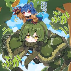 2girls :p absurdres animal_ears arzuros bear_ears black_bow black_bowtie blue_hair blush bow bowtie brown_fur chibi chibi_only claws closed_mouth commentary_request day forest green_hair green_thighhighs hair_between_eyes highres milkpanda monster_hunter_(series) multiple_girls nature on_head outdoors outline personification reaching red_eyes short_hair thick_eyebrows thighhighs tongue tongue_out translation_request tree white_outline yama_tsukami yellow_eyes