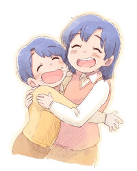 1boy 1girl aged_down blue_hair brother_and_sister child closed_eyes collared_shirt cowboy_shot cropped_legs food food_on_face happy hug idolmaster idolmaster_(classic) kisaragi_chihaya kisaragi_yuu_(idolmaster) long_sleeves open_mouth red_vest shirt short_hair siblings simple_background smile teeth tsubobot upper_teeth_only vest white_background yellow_shirt