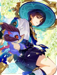 Rule 34 | 1boy, absurdres, black hair, blunt ends, dragon, durin (genshin impact), eyeliner, feathers, genshin impact, gold, gold ring, hakama, hakama shorts, hat, highres, japanese clothes, jingasa, makeup, male focus, mandarin collar, middle ring, mini durin (genshin impact), misoshiru umai4, open clothes, pleated shorts, purple eyes, red eyeliner, scaramouche (genshin impact), short hair, short sleeves, shorts, small dragon, tekkou, wanderer (genshin impact), yellow feathers