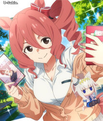 1girl absurdres animal_ears breasts brown_hair cleavage drill_hair highres holding holding_phone horse_ears horse_girl looking_at_viewer norn_ace_(umamusume) oguri_cap_(umamusume) phone shirt smile solo suzukatore umamusume umamusume:_cinderella_gray white_shirt
