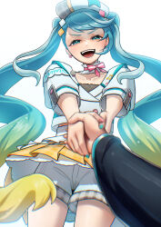 Rule 34 | 2girls, aqua eyes, aqua hair, aqua nails, ataraii moyasi, beret, blonde hair, blush, collarbone, cropped jacket, dual persona, gradient hair, hat, hatsune miku, highres, holding, holding hands, jacket, long hair, long sleeves, magical mirai (vocaloid), magical mirai miku, magical mirai miku (2024), multicolored hair, multicolored nails, multiple girls, number earrings, official alternate costume, official alternate hairstyle, open mouth, pink nails, plaid clothes, plaid skirt, pleated skirt, pov, pov hands, shorts, shorts under skirt, skirt, smile, twintails, very long hair, vocaloid, white jacket, yellow skirt