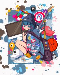 1girl backpack badge bag ball baseball_bat baseball_cap basketball_(object) beanie blue_background blue_eyes blue_hair blue_hat blue_shirt border button_badge closed_mouth computer dice electric_guitar from_side full_body guitar hat highres holding_strap imac instrument jitome light_blush light_smile looking_at_viewer looking_to_the_side multicolored_hair nao97122 nike_(company) original outside_border paint_splatter patch paw_print pink_hair revision ringed_eyes road_sign rubik&#039;s_cube shirt shoes sign sneakers socks solo squatting sticker streaked_hair streetwear three-quarter_sleeves triple_vertical_stripe white_border white_shoes wide_sleeves yellow_socks