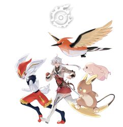 1girl 2020 alisaie_leveilleur alolan_form alolan_raichu cinderace crossover elezen elf final_fantasy final_fantasy_xiv fletchinder flying gen_6_pokemon gen_7_pokemon gen_8_pokemon holding holding_poke_ball nintendo pointy_ears poke_ball pokemon pokemon_(creature) ponytail potion_lilac rapier red_mage_(final_fantasy) running surfing sword weapon white_footwear white_hair
