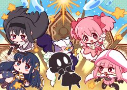 Rule 34 | 5girls, :o, a-q (madoka magica), absurdres, akemi homura, akemi homura (magical girl), argyle clothes, argyle footwear, arm up, armor, belt, belt buckle, black boots, black gloves, black hair, black hairband, black shirt, blue bow, blue bowtie, blue dress, blue eyes, blue gemstone, blue hair, blunt bangs, blush stickers, bodystocking, boots, bow, bowtie, breastplate, bright pupils, brown bridal gauntlets, brown sandals, bubble skirt, buckle, buttons, capelet, center frills, chest jewel, chibi, choker, cloak, closed mouth, covered navel, crop top, determined, dress, dress bow, floating clothes, floating hair, frilled dress, frilled skirt, frilled sleeves, frills, gem, gem hair ornament, gloves, gold buckle, grey dress, gun, hair between eyes, hair bow, hairband, halftone, halftone background, handgun, hands on own cheeks, hands on own face, happy, highres, holding, holding gun, holding weapon, hood, hood up, hooded cloak, indoors, jitome, kaname madoka, kaname madoka (magical girl), lace-up boots, layered skirt, leon0510, light blush, long dress, long hair, long sleeves, looking at another, looking at viewer, magia record: mahou shoujo madoka magica gaiden, magical girl, mahou shoujo madoka magica, mahou shoujo madoka magica (anime), mahou shoujo madoka magica magia exedra, miniskirt, multiple girls, namae (magia exedra), nanami yachiyo, nighthawk (madoka magica), open mouth, outstretched arms, pauldrons, pink belt, pink bow, pink brooch, pink dress, pink eyes, pink gemstone, pink hair, pink skirt, pleated skirt, puffy short sleeves, puffy sleeves, purple capelet, purple eyes, purple skirt, red choker, red shoes, sandals, shirt, shoes, short dress, short hair, short sleeves, short twintails, shoulder armor, side slit, sidelocks, skirt, skirt under dress, smile, solid oval eyes, soul gem, sparkle, square neckline, star (symbol), star print, string, studded belt, tamaki iroha, tareme, thigh boots, twintails, veil, very long hair, weapon, white cloak, white eyes, white gloves, white pupils, white skirt, white sleeves, white veil, window