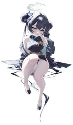 1girl absurdres black_dress black_gloves blue_archive butterfly_hair_ornament china_dress chinese_clothes double_bun dragon_print dress full_body gloves grey_eyes grey_halo hair_bun hair_ornament half_gloves halo highres jacket kisaki_(blue_archive) looking_at_viewer panties pantyshot pelvic_curtain pinstripe_jacket pinstripe_pattern print_dress sitting sleeveless sleeveless_dress smile solo striped_clothes striped_jacket thighs underwear vertical-striped_clothes vertical-striped_jacket white_background yeyoutiangong