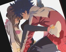 1boy 1girl black_pantyhose blue_hair blush brown_hair close-up hugh_(pokemon) jacket kkodle2 looking_at_another messy_hair nintendo pantyhose pokemon pokemon_bw2 rosa_(pokemon) sketch spiked_hair twintails