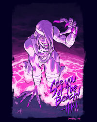 1girl a.k.i._(street_fighter) bandaged_arm bandaged_head bandaged_leg bandages beach bikini claw_(weapon) dkirbyj evil_smile fingernails highres kneeling looking_at_viewer official_alternate_costume official_alternate_hairstyle open_mouth pale_skin red_eyes sharp_fingernails smile solo street_fighter street_fighter_6 swimsuit tongue tongue_out very_long_fingernails water weapon