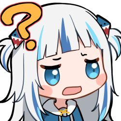 1girl ? artist_request bad_link blue_hair blue_hoodie blunt_bangs blush_stickers chibi drawstring gawr_gura gawr_gura_(1st_costume) hair_ornament hololive hololive_english hood hood_down hoodie jitome multicolored_hair official_art open_mouth portrait raised_eyebrows shark_hair_ornament solo streaked_hair transparent_background two_side_up virtual_youtuber white_hair