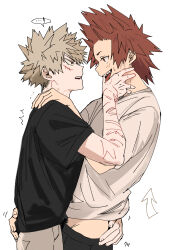 ! ... 2boys ^^^ absurdres arrow_(symbol) bakugou_katsuki bite_mark bite_mark_on_hand bite_mark_on_neck black_pants black_shirt blonde_hair boku_no_hero_academia commentary_request depisx eye_contact facial_scar from_side hand_on_another&#039;s_face hand_on_another&#039;s_shoulder hand_on_another&#039;s_waist highres kirishima_eijiro korean_commentary looking_at_another male_focus midriff_peek multiple_boys multiple_scars pants profile red_eyes red_hair scar scar_on_arm scar_on_cheek scar_on_face sharp_teeth shirt short_hair short_sleeves simple_background speech_bubble spiked_hair spoken_ellipsis spoken_exclamation_mark teeth upper_teeth_only white_background white_pants yaoi