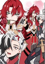 2boys aqua_eyes argenti_(honkai:_star_rail) armor bishie_sparkle black_armor black_hair black_jacket black_pants blush boothill_(honkai:_star_rail) brown_pants bullet bullet_earrings cape closed_mouth cuisses cyborg earrings flower gauntlets grey_eyes hair_between_eyes hair_over_one_eye hand_on_own_hip highres honkai:_star_rail honkai_(series) jacket jewelry knight long_hair long_sleeves looking_at_another male_focus mechanical_arms mechanical_hands multicolored_hair multiple_boys multiple_views open_mouth pants red_cape red_flower red_hair red_pupils red_rose rose sharp_teeth shoulder_armor sidelocks simple_background smile teeth two-tone_hair wavy_hair white_armor white_background white_hair yaoi yuelinpanp98413