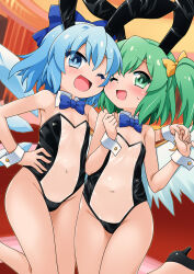 2girls :d akou_roushi animal_ears bare_arms bare_legs bare_shoulders black_leotard black_shoes blue_bow blue_bowtie blue_eyes blue_hair blush bow bowtie breasts bright_pupils cirno collar daiyousei detached_collar embarrassed fake_animal_ears furrowed_brow green_eyes green_hair groin hair_between_eyes hair_bow hand_on_own_hip hands_up high_heels holding_hands ice ice_wings leg_up leotard looking_at_viewer medium_hair multiple_girls navel one_eye_closed open_mouth playboy_bunny rabbit_ears see-through_clothes see-through_leotard shoes side_ponytail small_breasts smile strapless strapless_leotard sweatdrop touhou white_collar white_wings white_wrist_cuffs wings wrist_cuffs yellow_bow