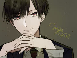 1boy black_hair black_jacket black_necktie closed_mouth collared_shirt commentary dated grey_background grey_shirt highres jacket light_particles looking_at_viewer male_focus matsunaka_hiro necktie original own_hands_together portrait red_eyes sanpaku shirt side_part signature smile solo