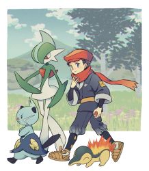 1boy black_hair child closed_mouth cloud commentary_request creatures_(company) cyndaquil day dewott floating_scarf gallade game_freak gen_2_pokemon gen_4_pokemon gen_5_pokemon grass hand_up hat highres holding holding_poke_ball komasawa_(fmn-ppp) male_focus nintendo outdoors poke_ball hisuian_poke_ball pokemon pokemon_(creature) pokemon_legends:_arceus rei_(pokemon) sash scarf sky smile socks standing tree walking